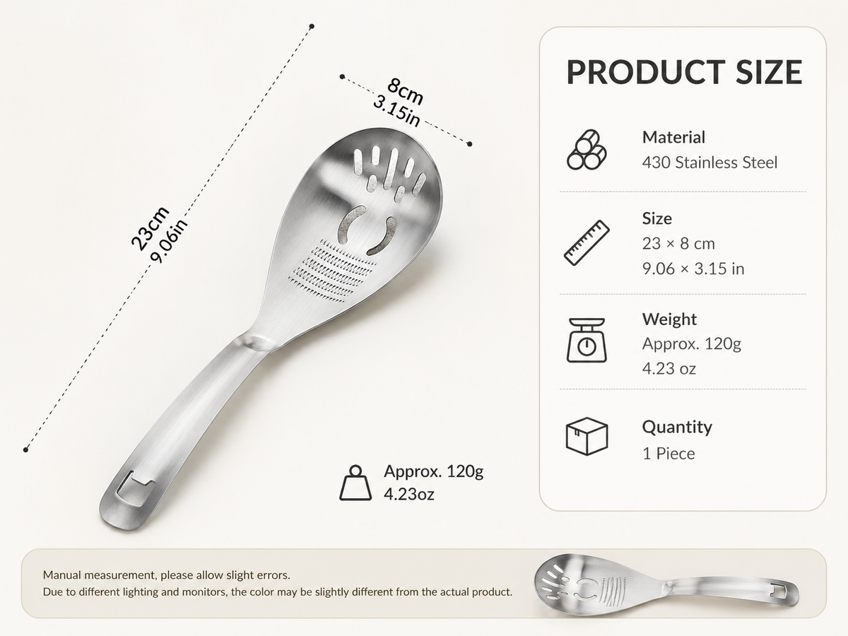Product dimensions and specifications for the 5-in-1 kitchen spoon