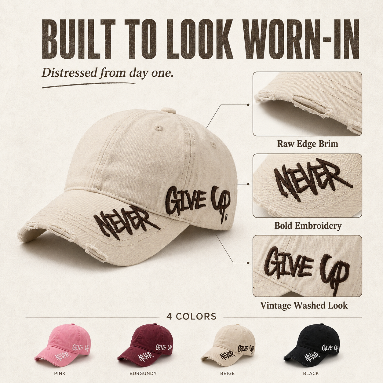 Never Give Up Distressed Vintage Cap – Embroidered Streetwear Baseball Hat