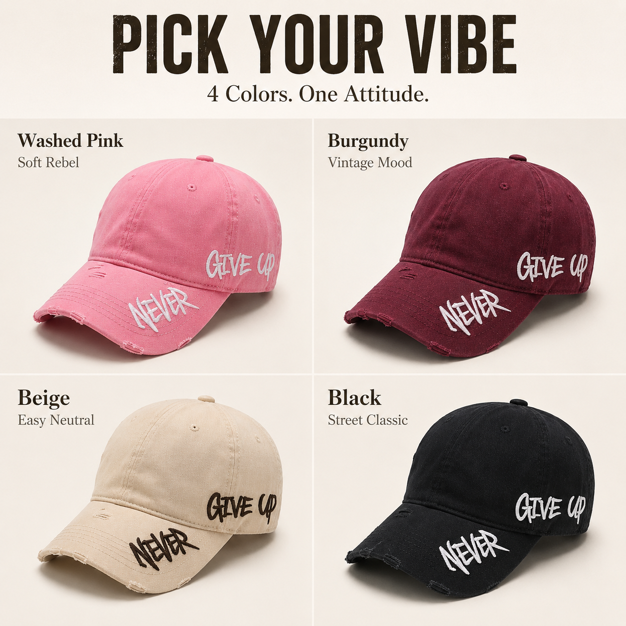 Never Give Up Distressed Vintage Cap – Embroidered Streetwear Baseball Hat