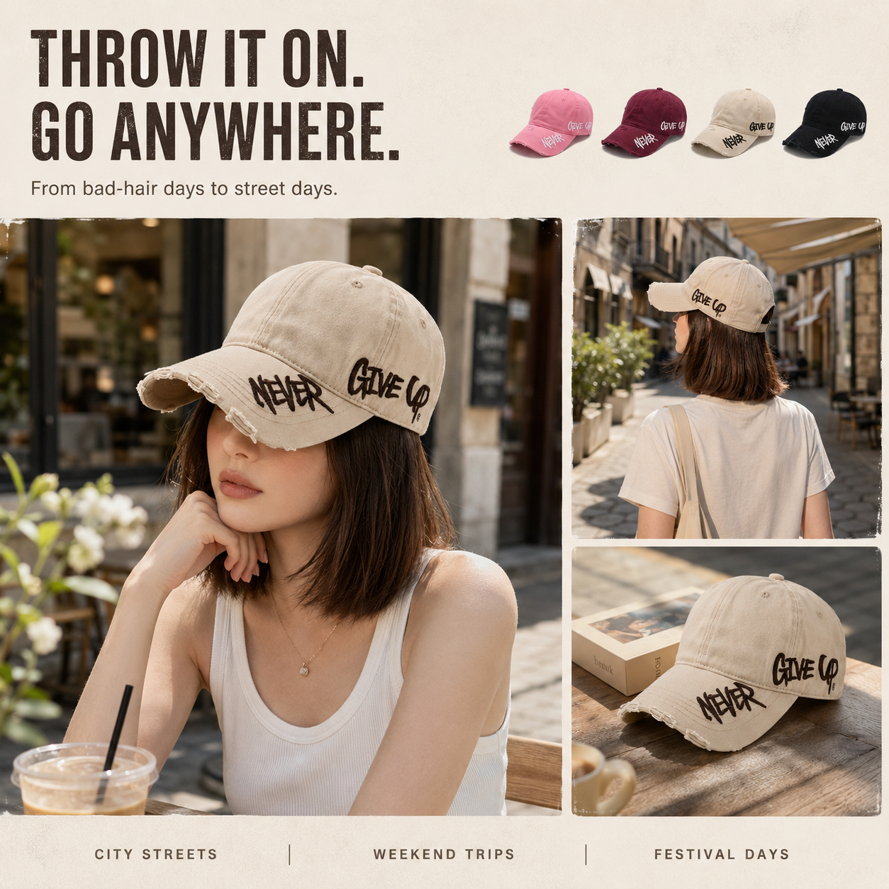 Never Give Up Distressed Vintage Cap – Embroidered Streetwear Baseball Hat