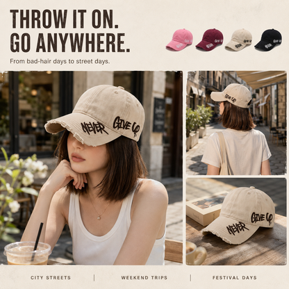 Never Give Up Distressed Vintage Cap – Embroidered Streetwear Baseball Hat