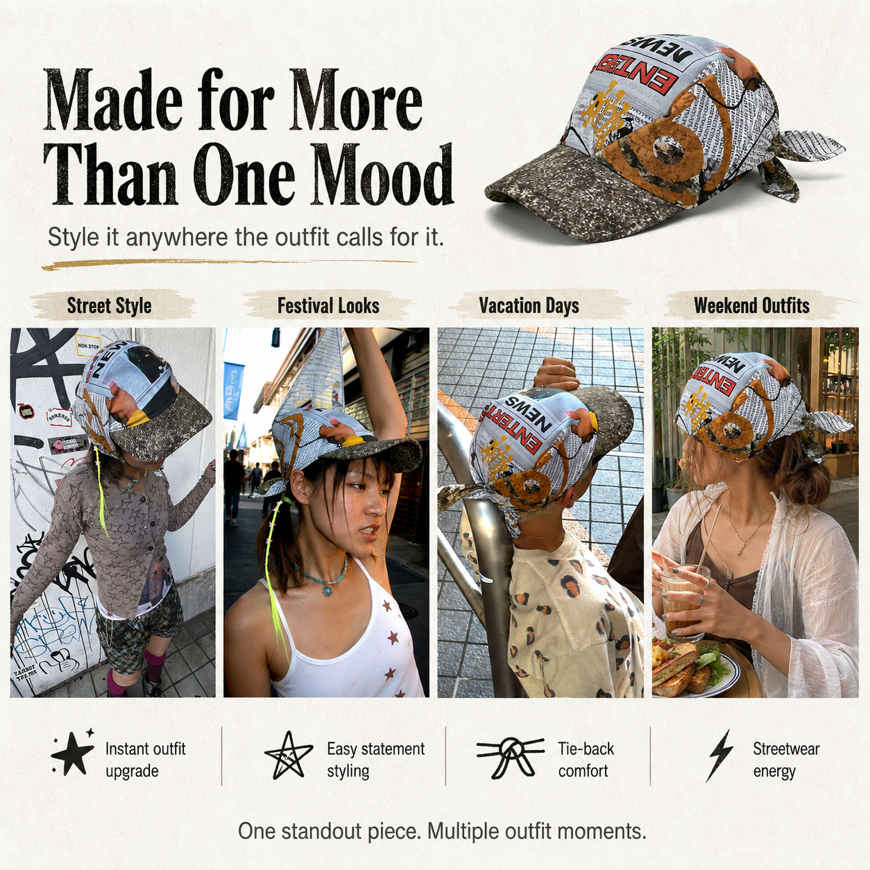 Newspaper Print Bandana Baseball Cap – Tie-Back Statement Hat