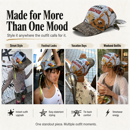 Newspaper Print Bandana Baseball Cap – Tie-Back Statement Hat