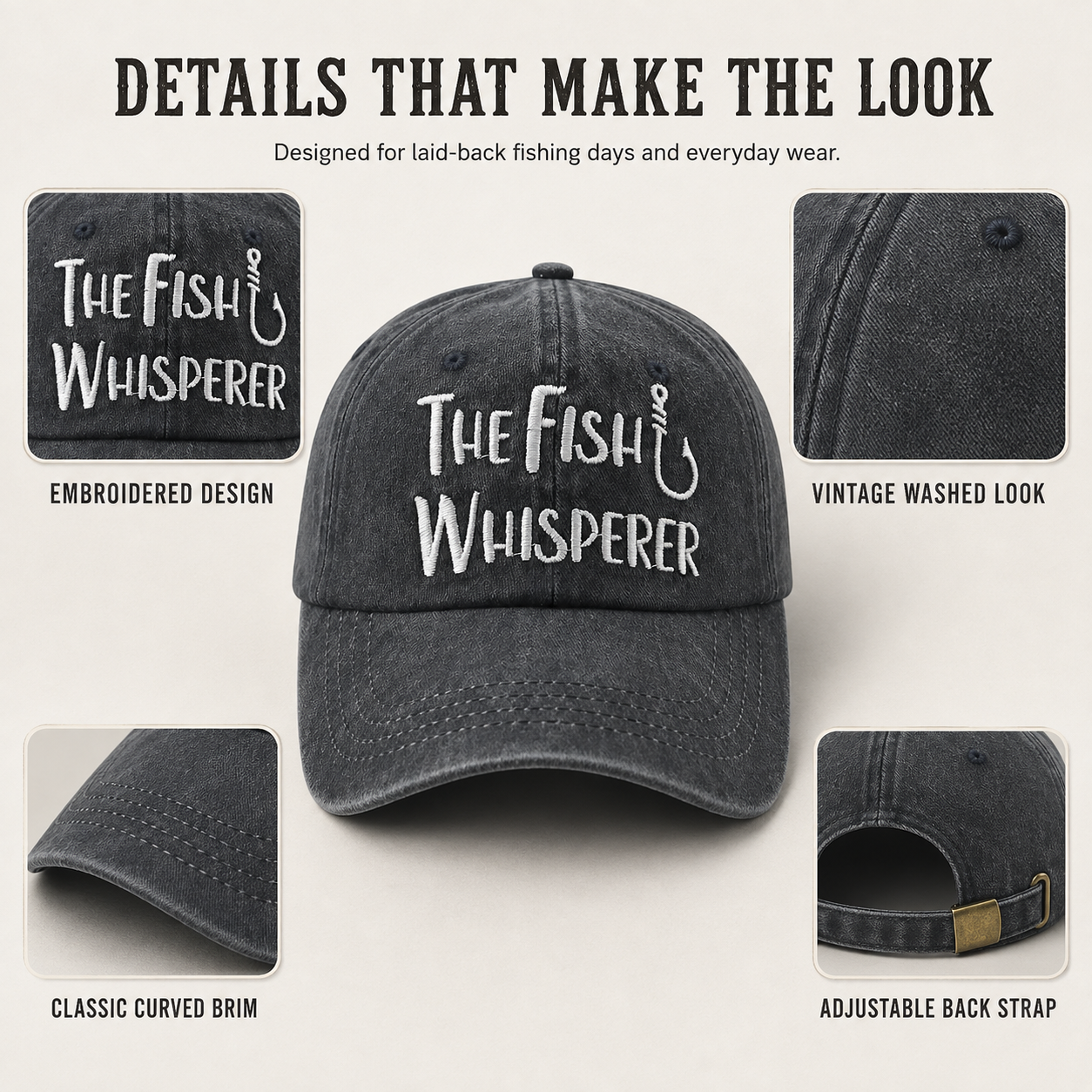 The Fish Whisperer Embroidered Fishing Cap – Vintage Washed Baseball Hat