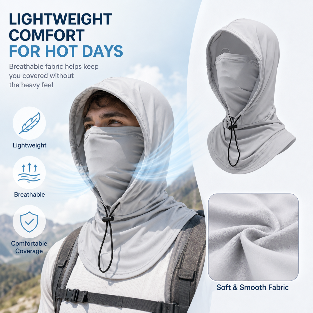UPF50+ Sun Protection Balaclava Hood, Detachable Face Mask Neck Gaiter for Outdoor Sports