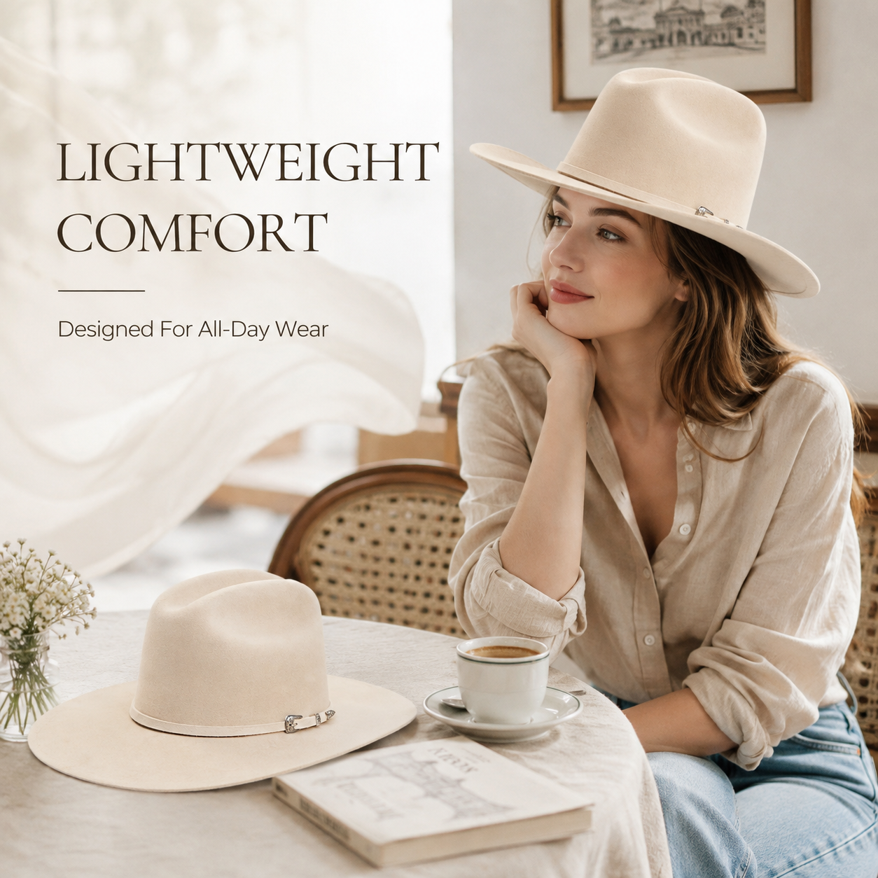 Wide Brim Felt Fedora Hat for Women — Vintage Western Style with Metal Buckle Band