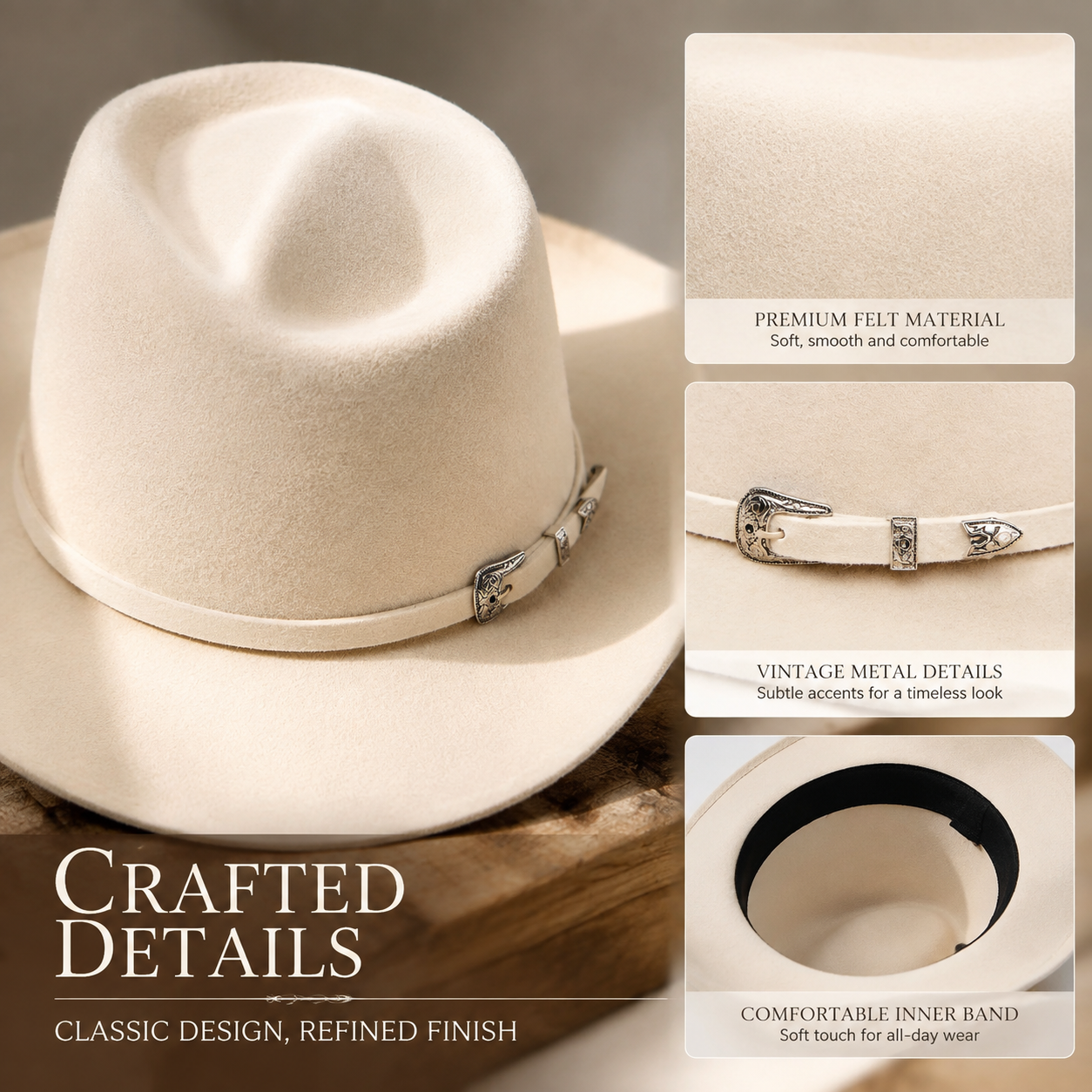 Wide Brim Felt Fedora Hat for Women — Vintage Western Style with Metal Buckle Band