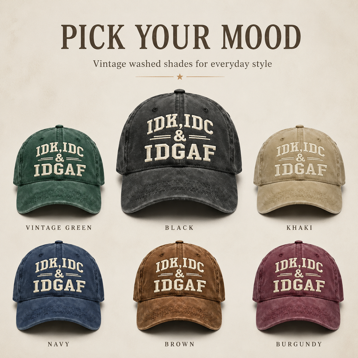 Vintage Washed Baseball Cap IDK IDC & IDGAF Embroidered Distressed Cotton Dad Hat Adjustable Casual Trucker Hat For Men Women