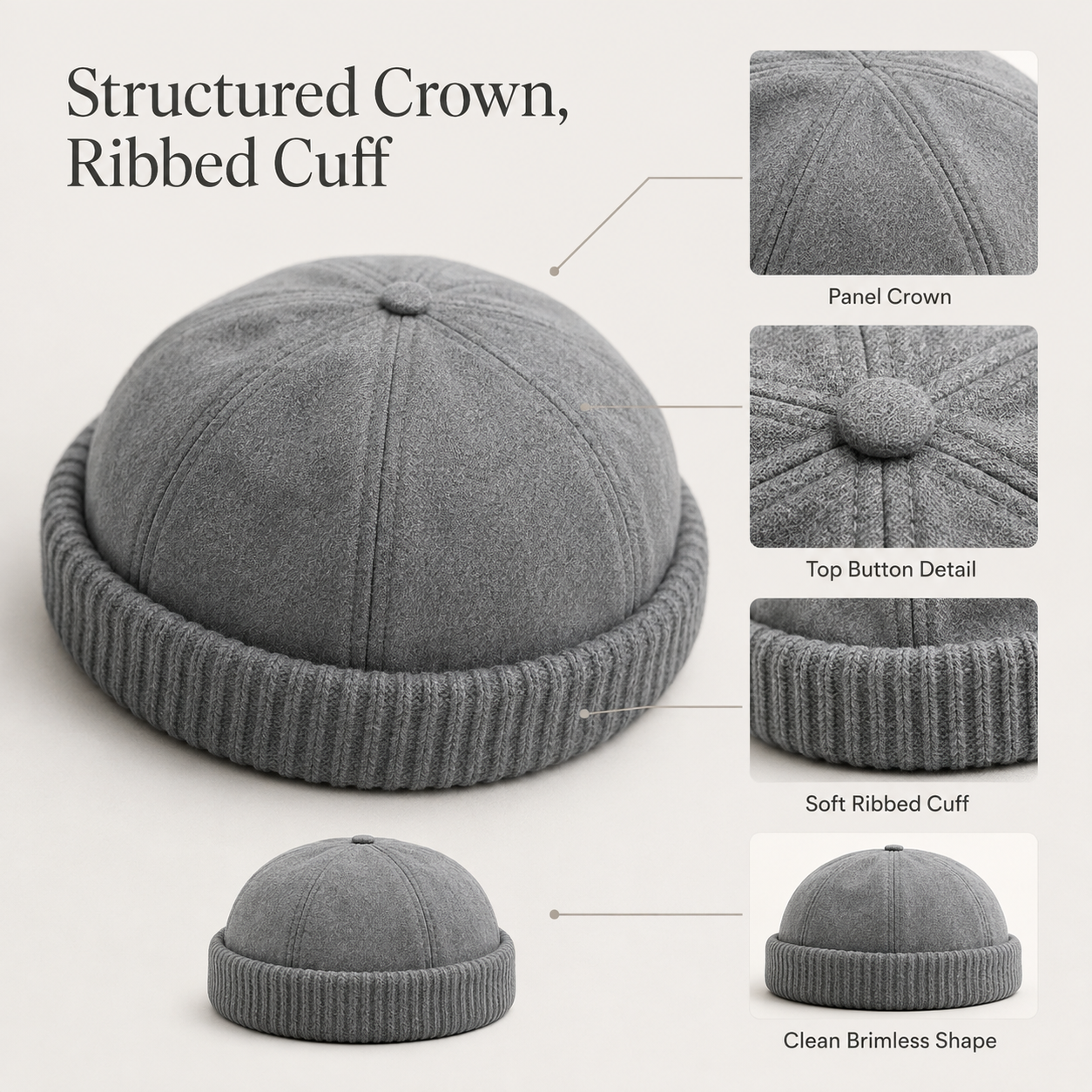 Brimless Docker Cap — Unisex Streetwear Hat with Ribbed Cuff, 6 Colors