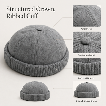 Brimless Docker Cap — Unisex Streetwear Hat with Ribbed Cuff, 6 Colors