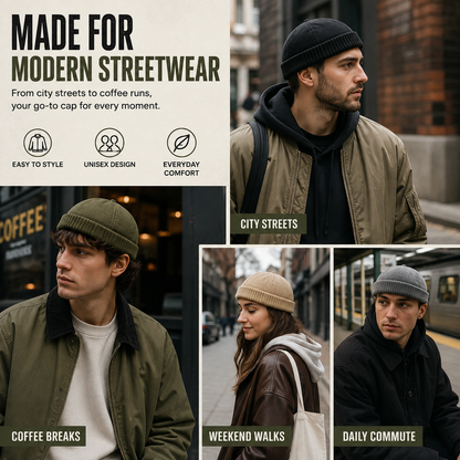 Brimless Docker Cap — Unisex Streetwear Hat with Ribbed Cuff, 6 Colors