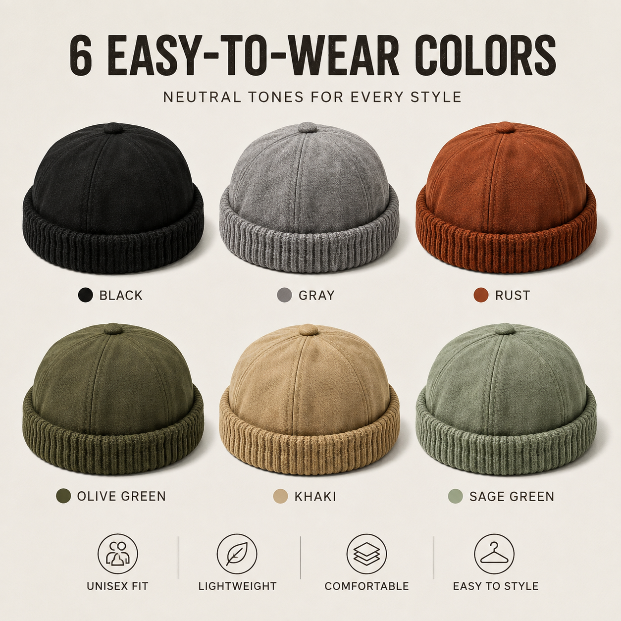 Brimless Docker Cap — Unisex Streetwear Hat with Ribbed Cuff, 6 Colors