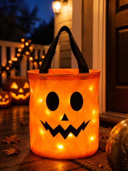 LED Light Up Halloween Candy Bucket, Glowing Pumpkin Ghost Trick or Treat Tote Bag, Reusable Collapsible Kids Halloween Basket