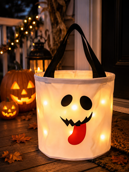 LED Light Up Halloween Candy Bucket, Glowing Pumpkin Ghost Trick or Treat Tote Bag, Reusable Collapsible Kids Halloween Basket