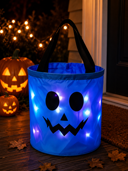 LED Light Up Halloween Candy Bucket, Glowing Pumpkin Ghost Trick or Treat Tote Bag, Reusable Collapsible Kids Halloween Basket