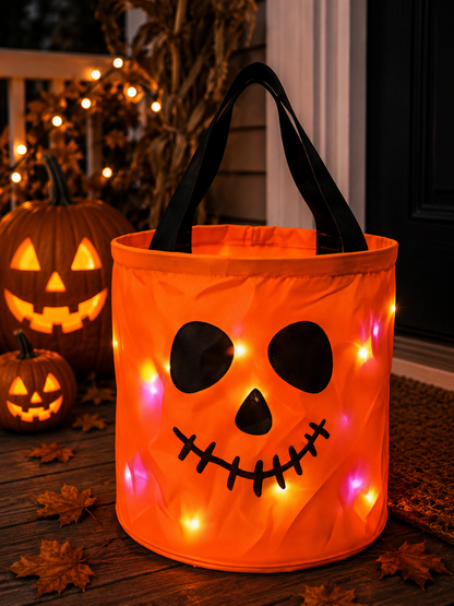LED Light Up Halloween Candy Bucket, Glowing Pumpkin Ghost Trick or Treat Tote Bag, Reusable Collapsible Kids Halloween Basket