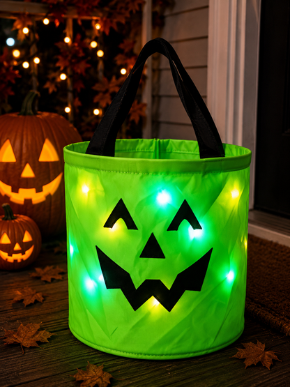 LED Light Up Halloween Candy Bucket, Glowing Pumpkin Ghost Trick or Treat Tote Bag, Reusable Collapsible Kids Halloween Basket