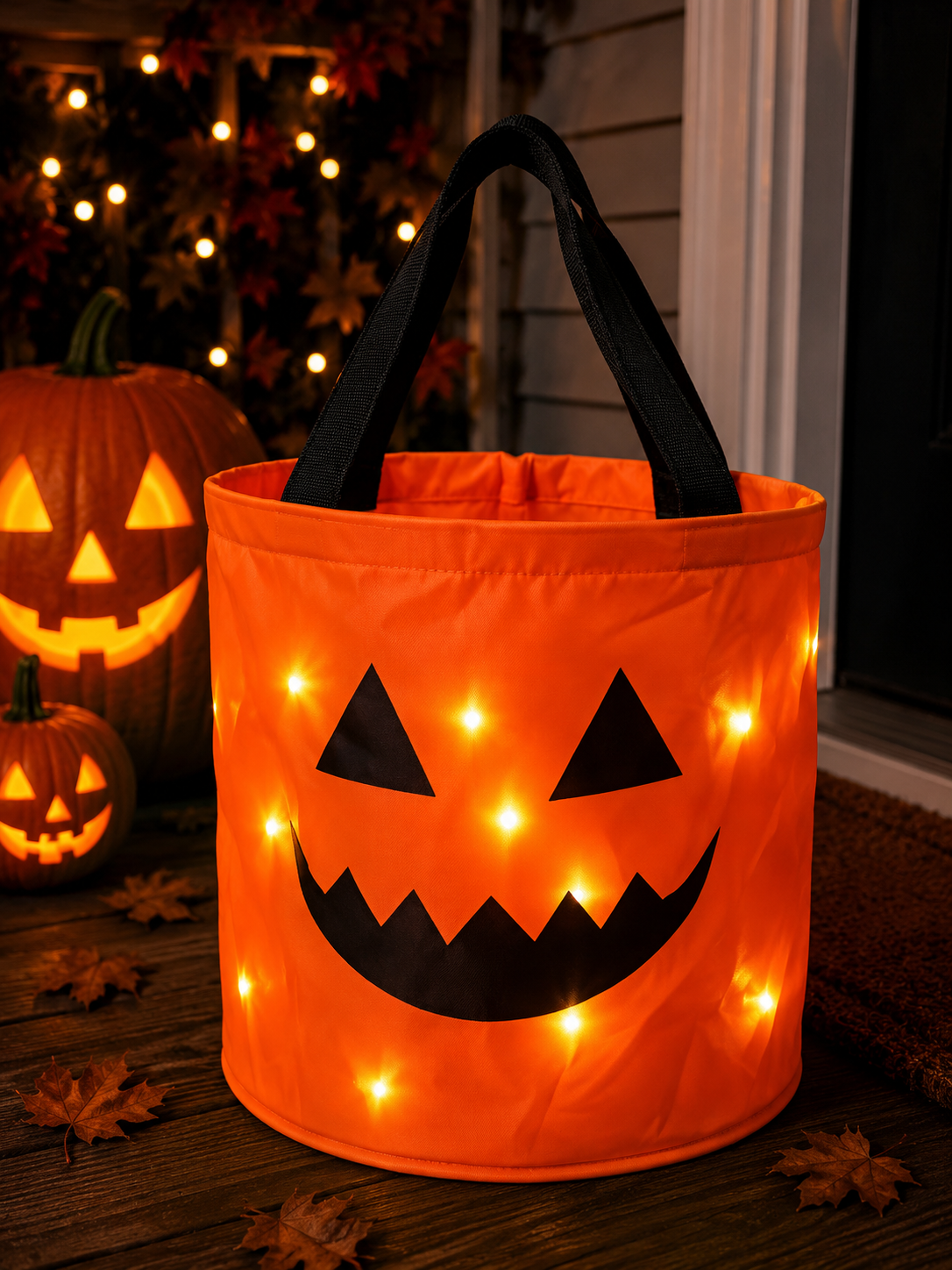 LED Light Up Halloween Candy Bucket, Glowing Pumpkin Ghost Trick or Treat Tote Bag, Reusable Collapsible Kids Halloween Basket