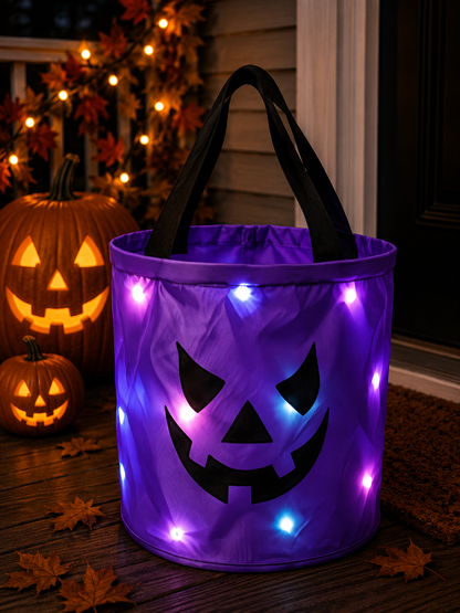 LED Light Up Halloween Candy Bucket, Glowing Pumpkin Ghost Trick or Treat Tote Bag, Reusable Collapsible Kids Halloween Basket