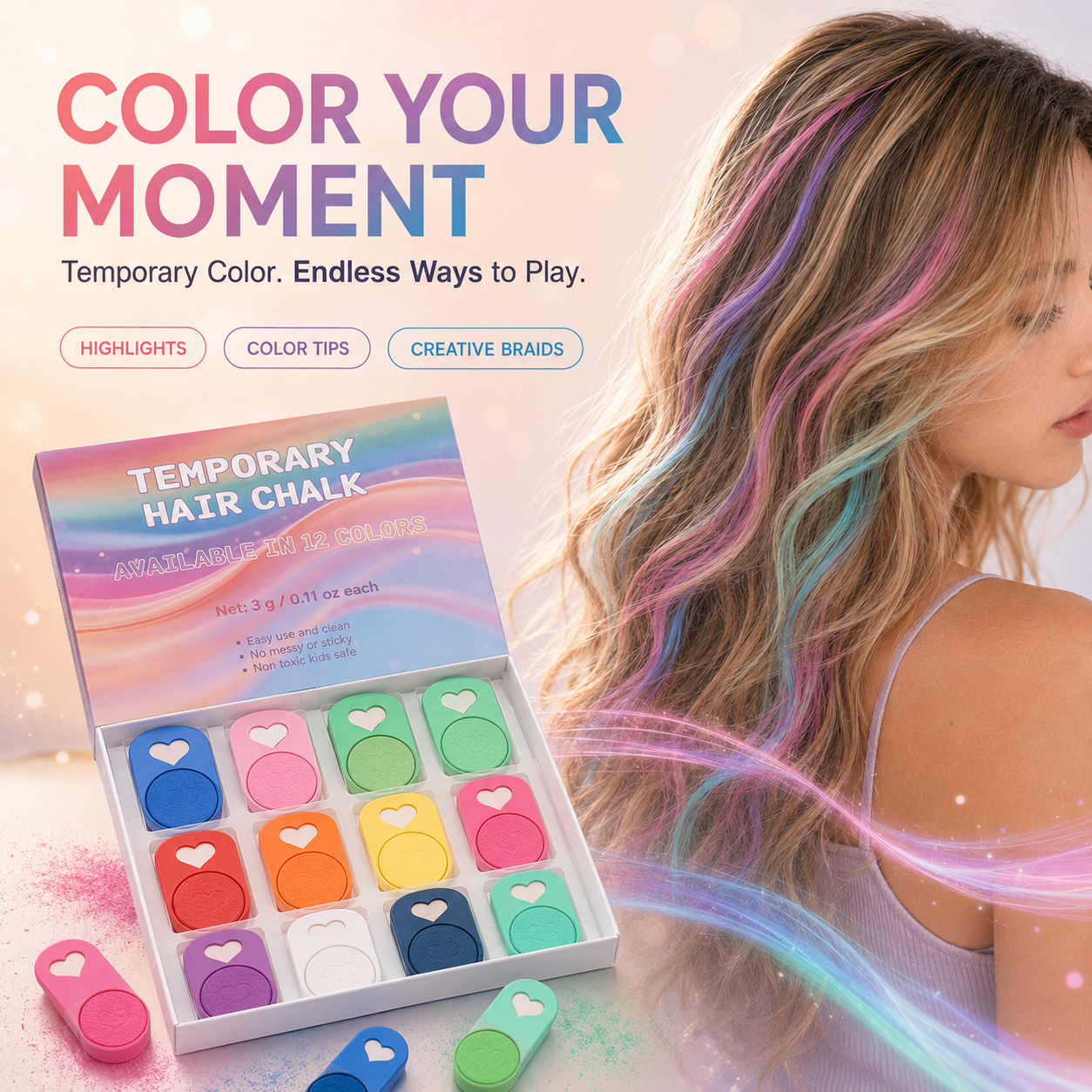 Washable Temporary Hair Chalk Set, Non-Toxic Kids Hair Color Chalk, Matte Fluorescent Pearl Hair Dye for Halloween Party Cosplay