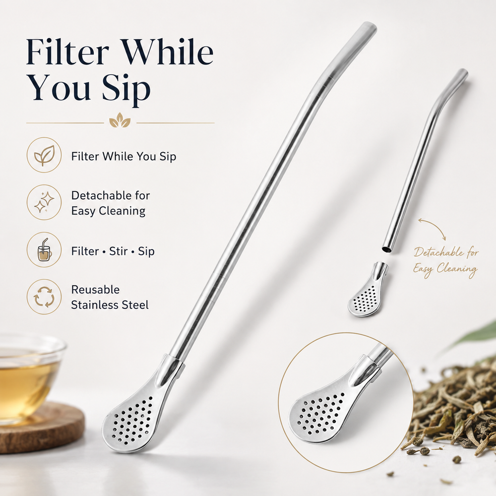 Stainless steel bombilla used with loose leaf tea