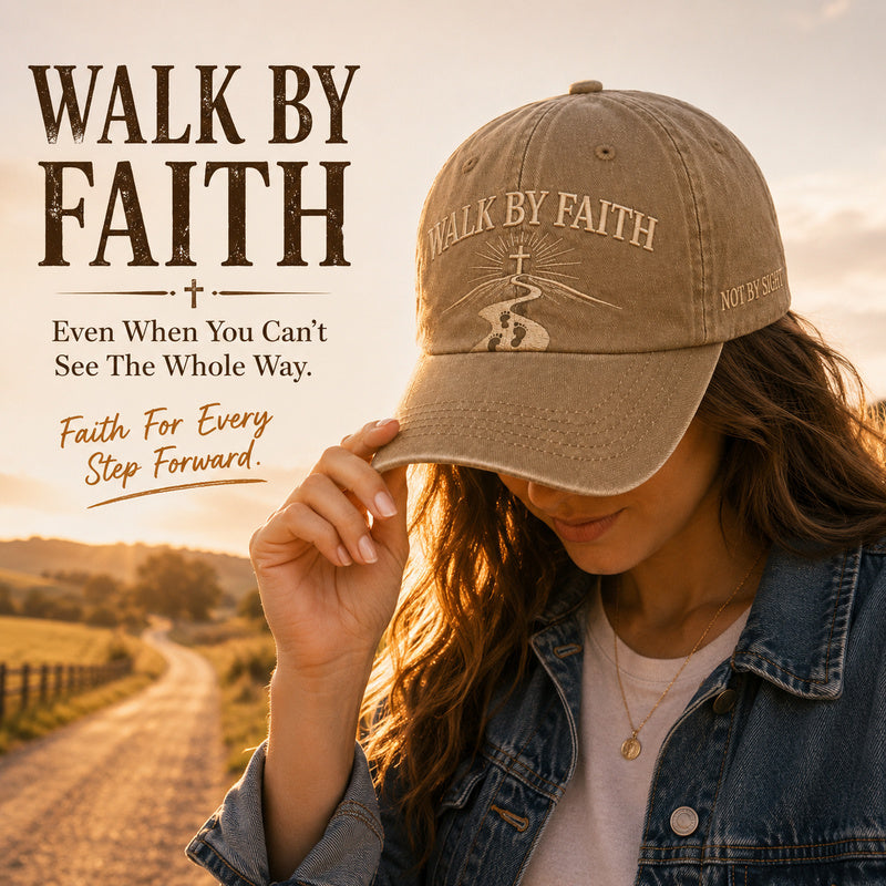 Walk By Faith Embroidered Baseball Cap — Vintage Washed Cotton, 5 Colors