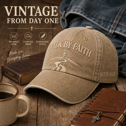 Walk By Faith Embroidered Baseball Cap — Vintage Washed Cotton, 5 Colors