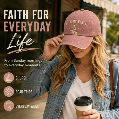 Walk By Faith Embroidered Baseball Cap — Vintage Washed Cotton, 5 Colors