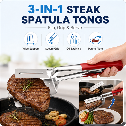 3-in-1 Stainless Steel Spatula Tongs, Multi-Purpose Steak Flipper Clamp for Grilling, Frying and Serving