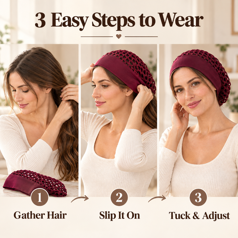 Three easy steps for wearing crochet hair snood