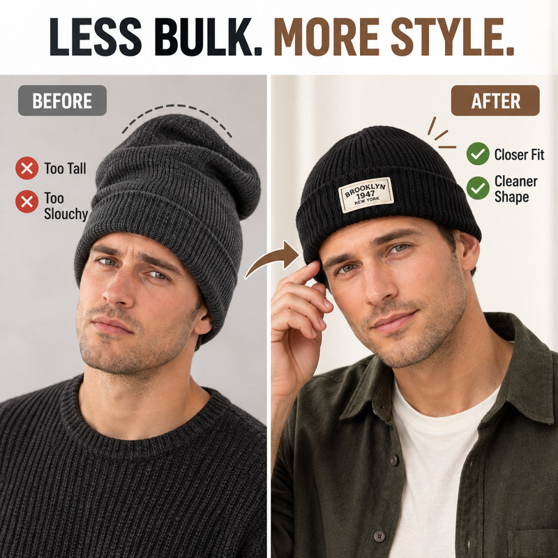 Unisex Cuffed Rib-Knit Beanie – Low-Profile Letter Patch Winter Hat