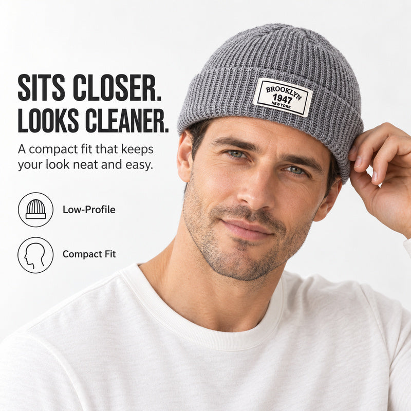 Unisex Cuffed Rib-Knit Beanie – Low-Profile Letter Patch Winter Hat
