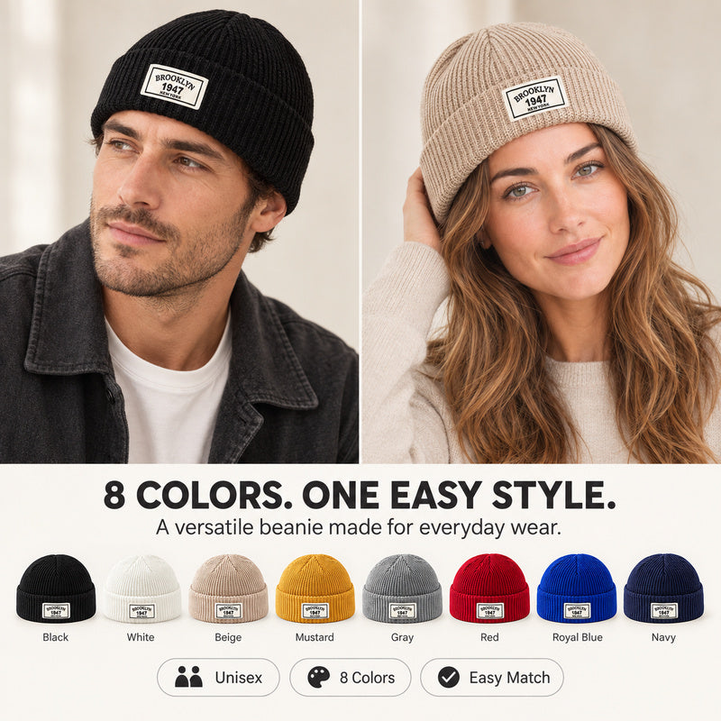 Unisex Cuffed Rib-Knit Beanie – Low-Profile Letter Patch Winter Hat