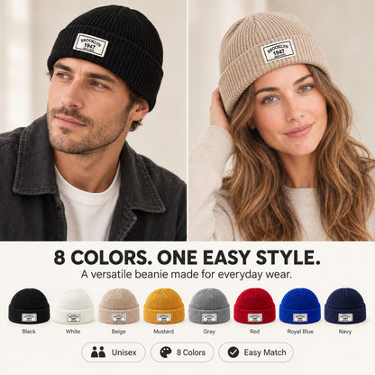 Unisex Cuffed Rib-Knit Beanie – Low-Profile Letter Patch Winter Hat