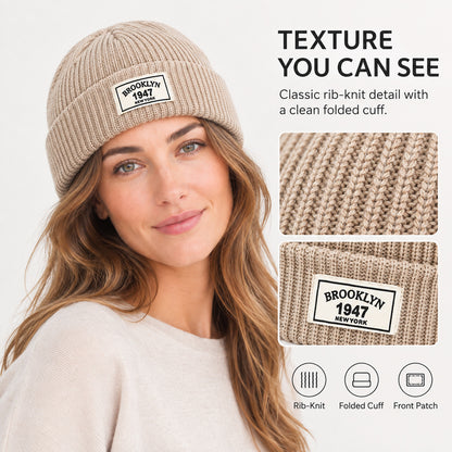 Unisex Cuffed Rib-Knit Beanie – Low-Profile Letter Patch Winter Hat