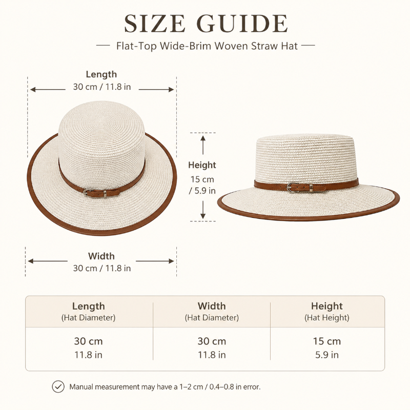 Women's Wide Brim Straw Boater Hat — Buckle Band, Structured Flat-Top, 4 Colors