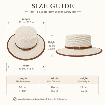 Women's Wide Brim Straw Boater Hat — Buckle Band, Structured Flat-Top, 4 Colors