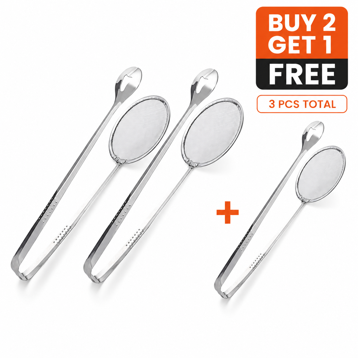 Stainless Steel 2-in-1 Fry Strainer Tongs Mesh Skimmer Kitchen Cooking Tong