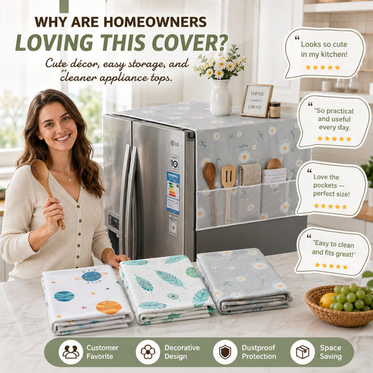 Waterproof Refrigerator Dust Cover with Storage Pockets - Fridge Top Protector