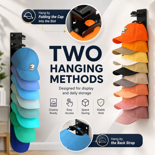 10-Cap Hat Storage Rack, Adhesive or Nail-Mount Wall Organizer