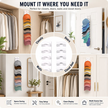 10-Cap Hat Storage Rack, Adhesive or Nail-Mount Wall Organizer
