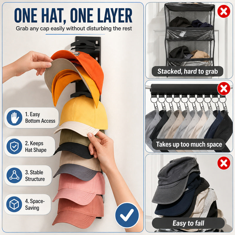 10-Cap Hat Storage Rack, Adhesive or Nail-Mount Wall Organizer