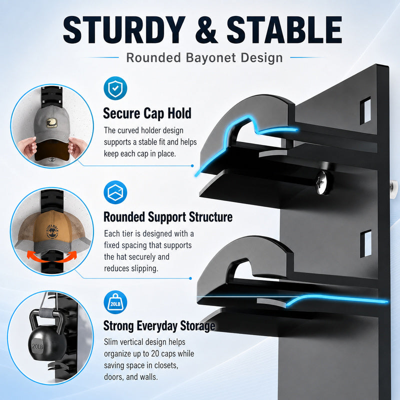 10-Cap Hat Storage Rack, Adhesive or Nail-Mount Wall Organizer