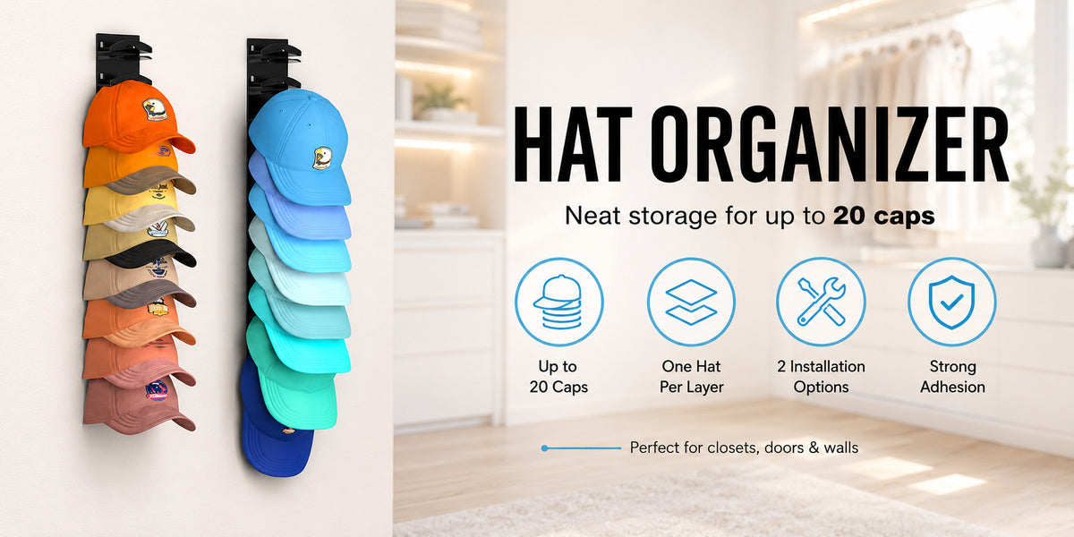 10-Cap Hat Storage Rack, Adhesive or Nail-Mount Wall Organizer