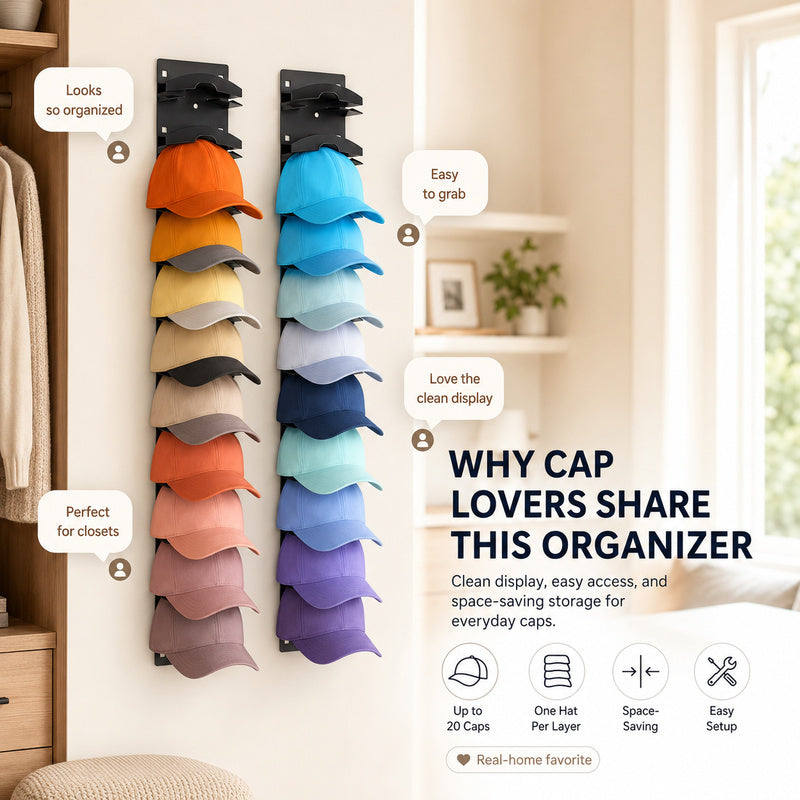 10-Cap Hat Storage Rack, Adhesive or Nail-Mount Wall Organizer