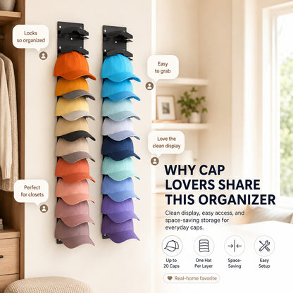 10-Cap Hat Storage Rack, Adhesive or Nail-Mount Wall Organizer