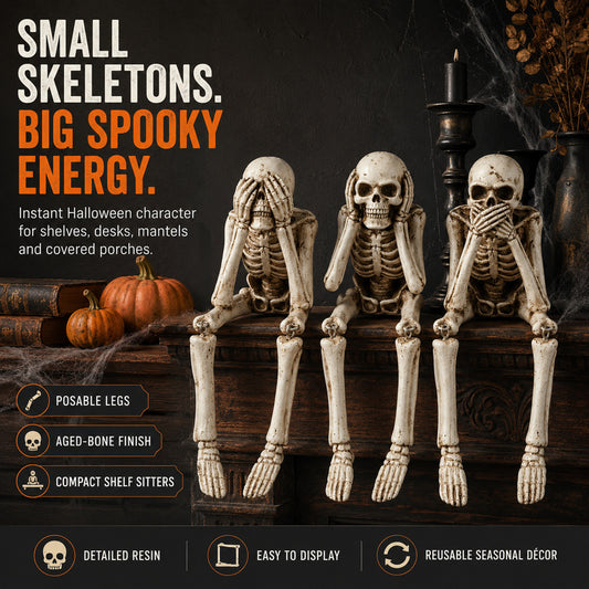 Three Wise Skeleton Statue – Gothic Halloween Decor, Resin Shelf Ornament & Spooky Home Decoration Gift