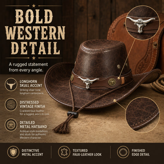 Vintage Faux Leather Cowboy Hat – Wide Brim Western Hat with Bull Skull Band & Chin Strap