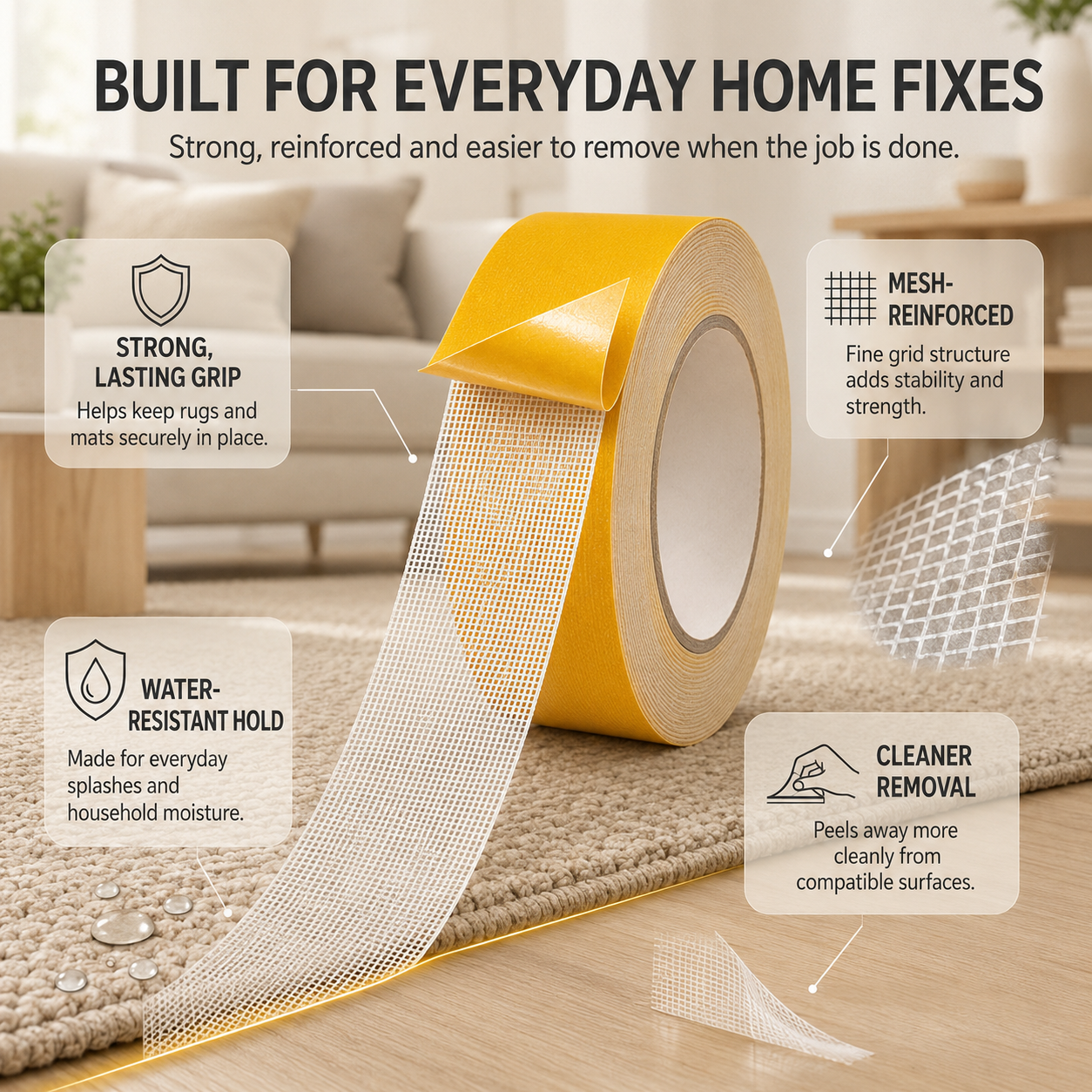 Heavy-Duty Double-Sided Tape – Waterproof, Removable & No Residue