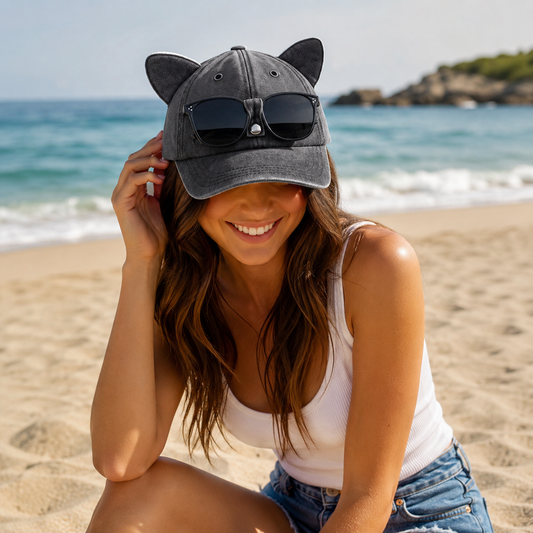 Cat Ear Trucker Hat with Detachable Sunglasses, Adjustable Vintage Baseball Cap